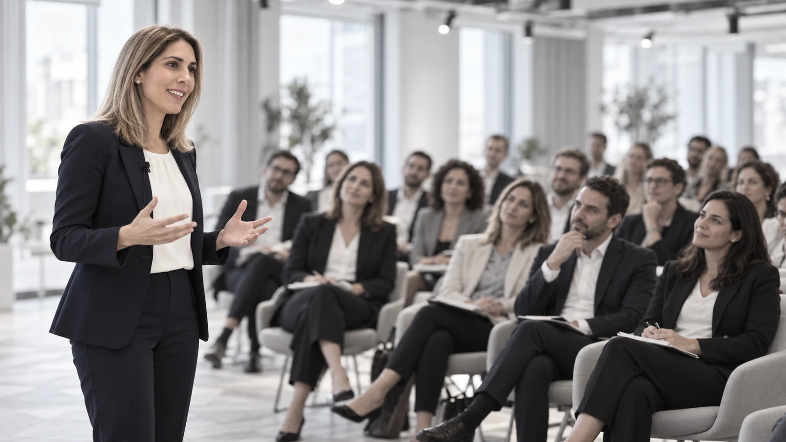 Laure facilitating a discussion with business leaders